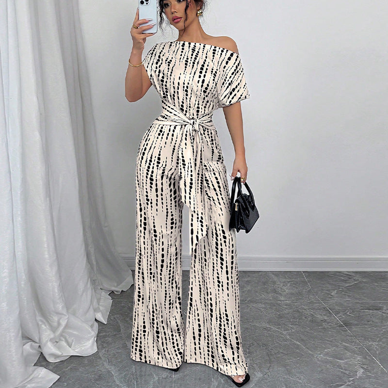 Vacation Style Slant Shoulder Strap Wide Leg Jumpsuit