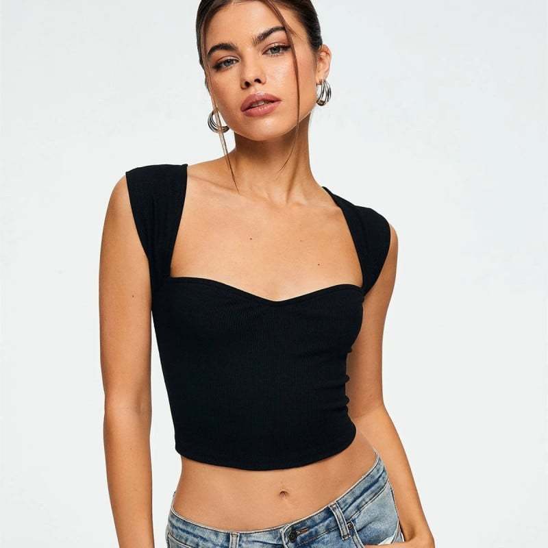 Women's New Instagram Style Slim Fit Square Neck Ultra Short Sleeveless T-shirt Vest Top