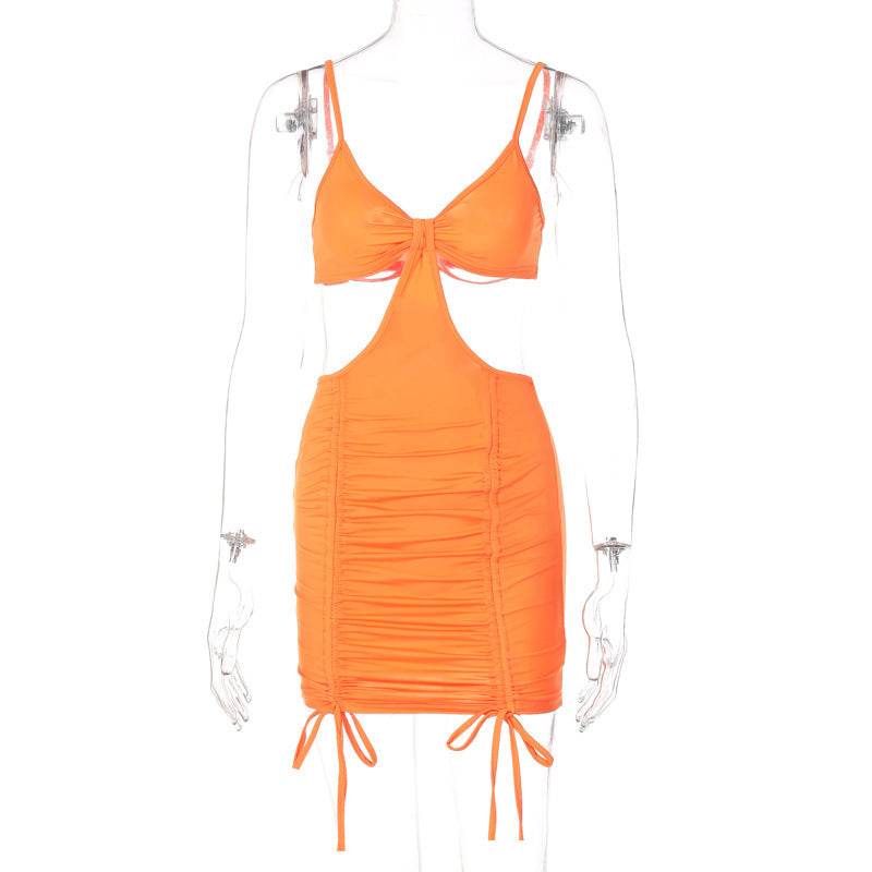 Women's Sling Solid Color Cutout Pleated Dress