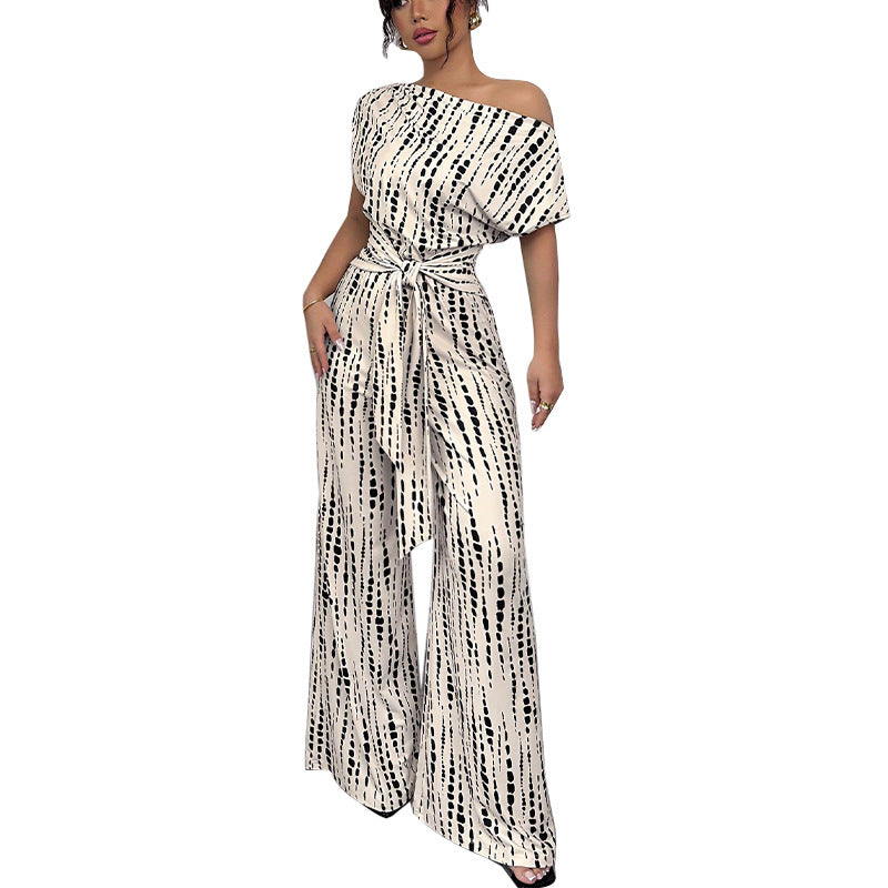 Vacation Style Slant Shoulder Strap Wide Leg Jumpsuit