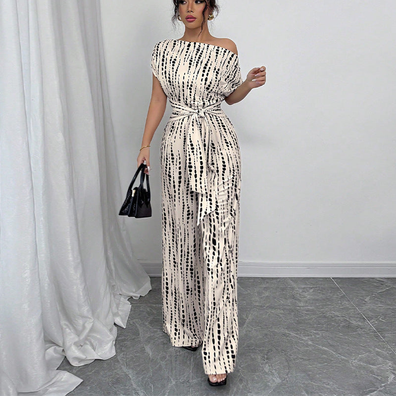 Vacation Style Slant Shoulder Strap Wide Leg Jumpsuit