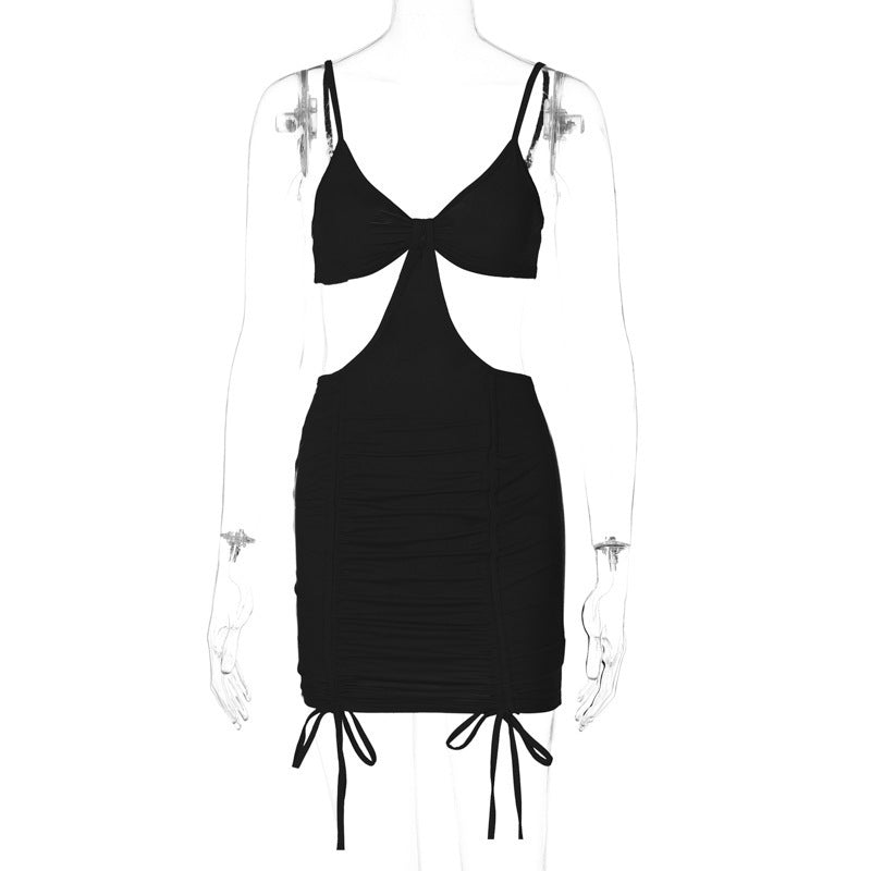 Women's Sling Solid Color Cutout Pleated Dress