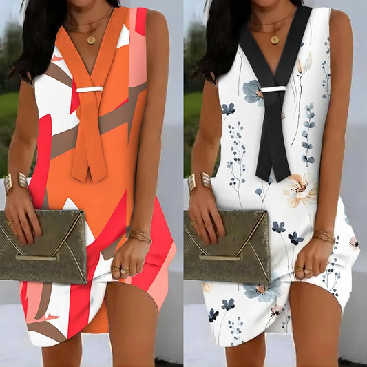 Digital Printing Fake Tie Sleeveless V-neck Loose Casual Dress